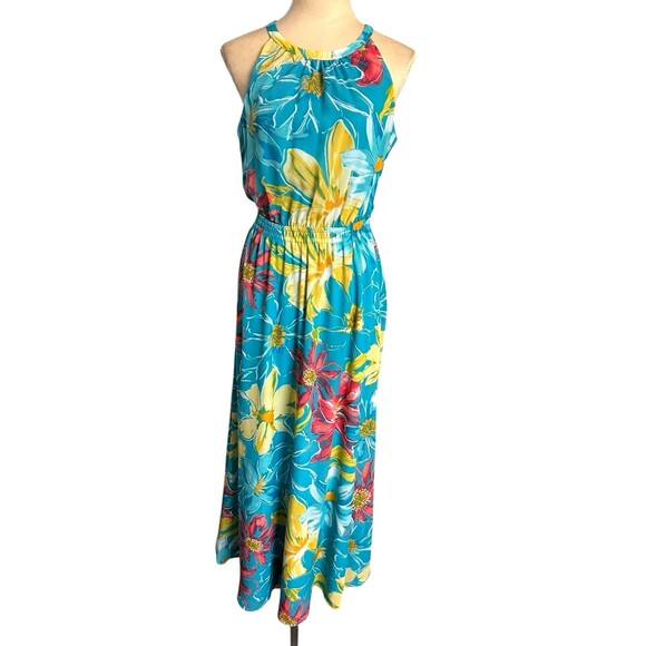 Nine West Halter Neck Maxi Dress Sz 6 Aqua Multi Floral Chiffon Sleeveless Lned - Picture 1 of 11